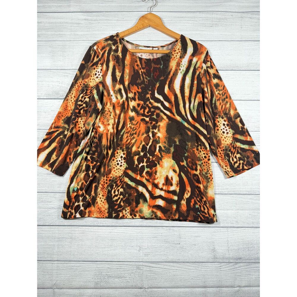 Susan Graver Womens L Brown Orange Animal Print 3/4 Sleeve Stretch Top 4080